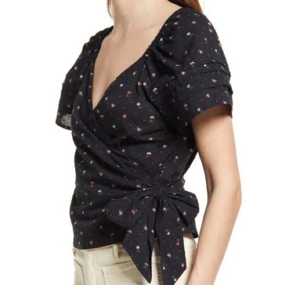 Madewell Ruffle-Sleeve Wrap Top in spring floral textured dotted cotton
